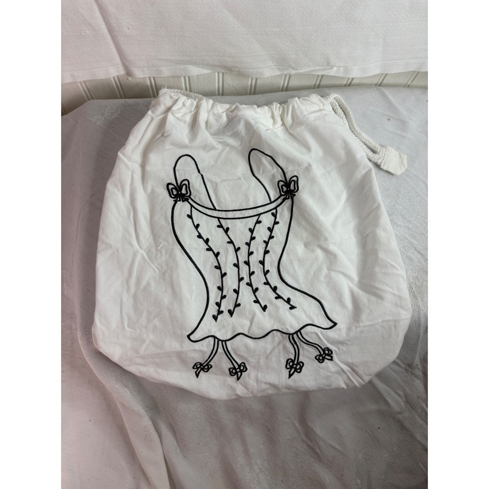 Miaou White Cotton Drawstring Dust Bag Black Embroidered Corset Graphic Pouch